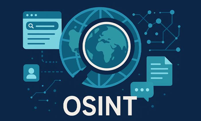 Illustration moderne représentant l’OSINT avec une loupe sur un globe et des icônes de données numériques.