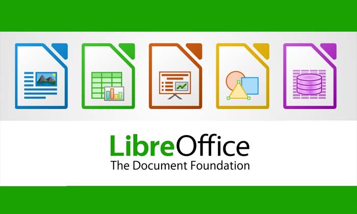Logo de LibreOffice avec aperçu des types de fichiers pris en charge : documents texte, tableurs, présentations et bases de données.