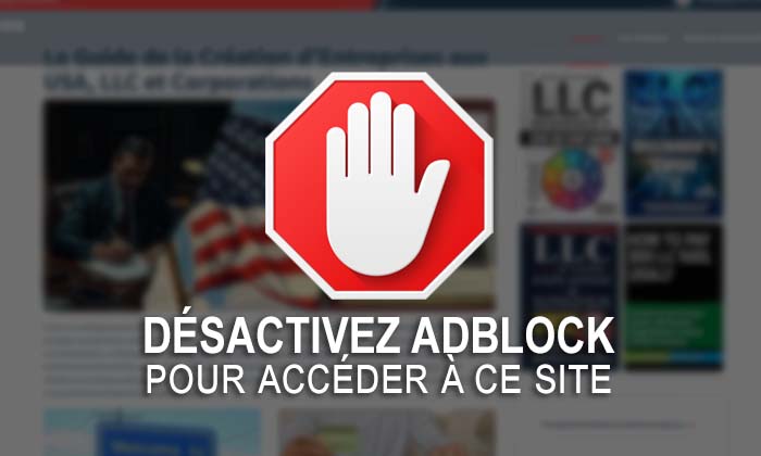 Message demandant de désactiver Adblock ou tout bloqueur de publicités pour accéder à un site web, illustré par une icône rouge STOP avec main blanche, sur fond de page internet floutée, pour optimiser la monétisation et le référencement du site.