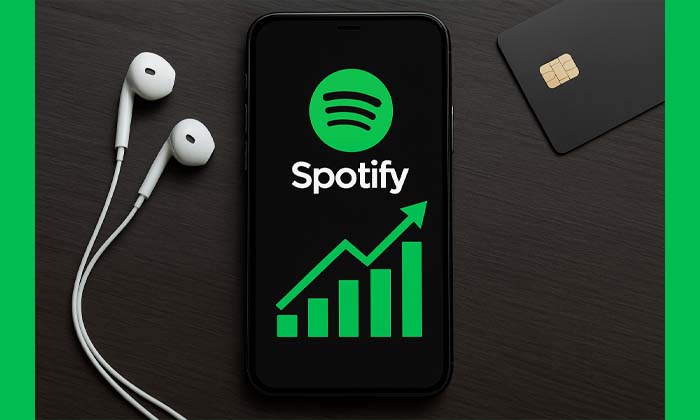 Interface Spotify sur smartphone avec graphique en hausse, symbolisant l’achat de streams et les stratégies de promotion musicale.
