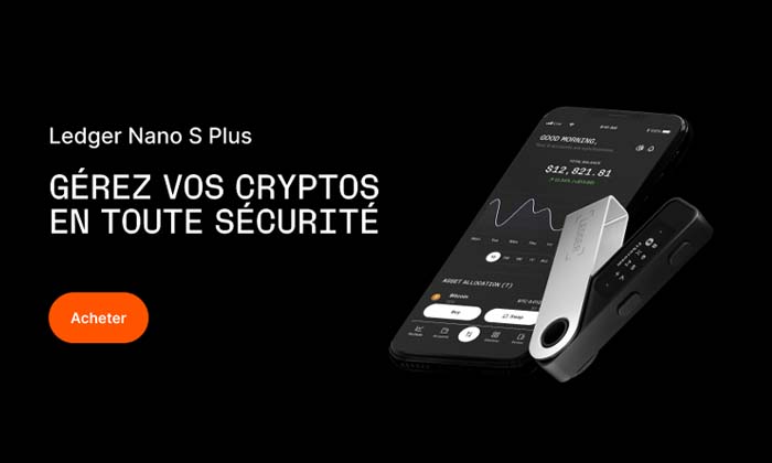 Ledger Wallet français utilisé pour sécuriser les cryptomonnaies, modèle matériel avec écran et connexion USB.