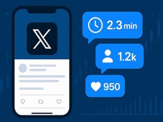 Illustration d’un smartphone affichant l’application X avec des statistiques d’engagement comme le temps passé, les clics de profil et les likes, sur fond de données numériques bleues.