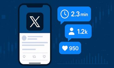 Illustration d’un smartphone affichant l’application X avec des statistiques d’engagement comme le temps passé, les clics de profil et les likes, sur fond de données numériques bleues.