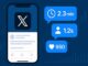 Illustration d’un smartphone affichant l’application X avec des statistiques d’engagement comme le temps passé, les clics de profil et les likes, sur fond de données numériques bleues.