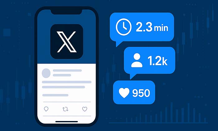 Illustration d’un smartphone affichant l’application X avec des statistiques d’engagement comme le temps passé, les clics de profil et les likes, sur fond de données numériques bleues.