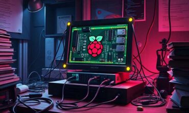 Raspberry Pi 5 branché à un écran et un clavier pour l’installation.