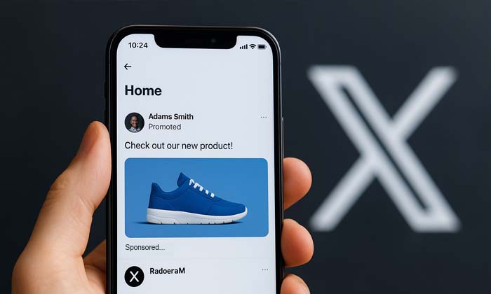 Smartphone affichant l'interface Twitter avec une publicité sponsorisée et le logo X en fond.