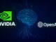 Logos Nvidia et OpenAI sur un fond graphique représentant l'intelligence artificielle et le numérique.