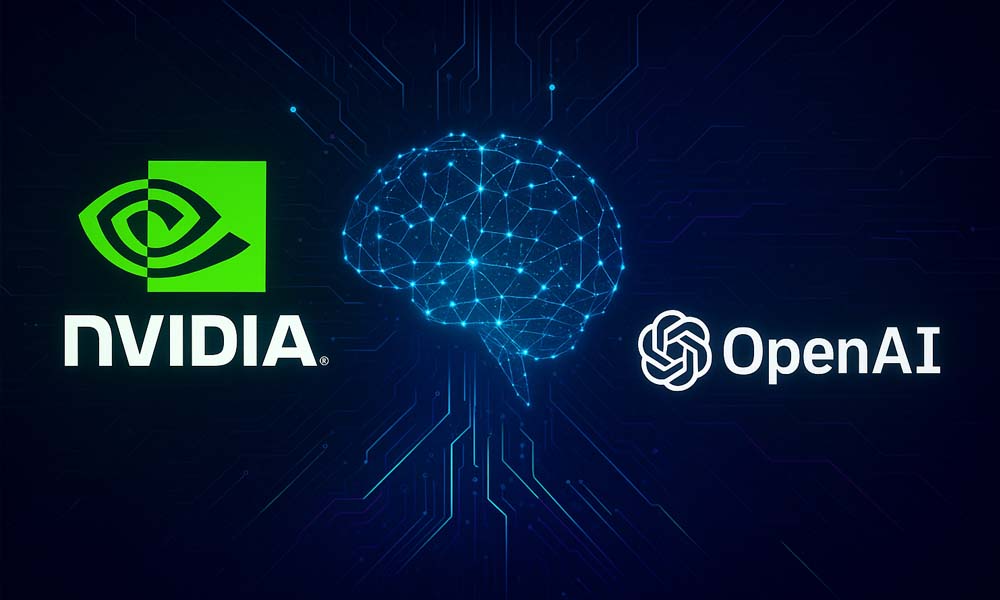 Logos Nvidia et OpenAI sur un fond graphique représentant l'intelligence artificielle et le numérique.