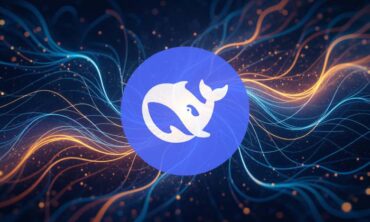 Logo DeepSeek stylisé sur un réseau complexe de filaments lumineux représentant les connexions d’une intelligence artificielle, symbolisant la fluidité et l’optimisation des traitements IA.