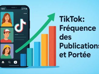 Smartphone affichant le flux TikTok avec plusieurs vidéos visibles à l’écran, illustrant la notion de publication fréquente optimale, sur fond lumineux et moderne