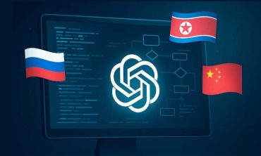 Écran d’ordinateur affichant du code et des flux de malware avec des drapeaux de Russie, Corée du Nord et Chine, symbole de la lutte d’OpenAI contre les cyberattaques via l’IA.