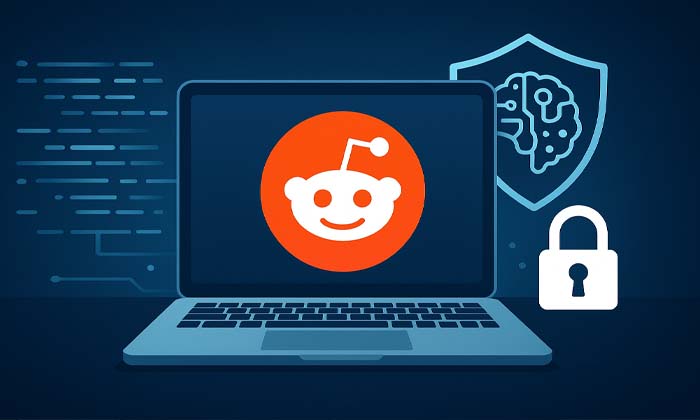 Reddit protège ses données contre l'extraction non autorisée par l'intelligence artificielle, image représentant un ordinateur avec le logo Reddit et des flux de données sécurisés