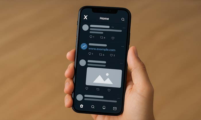 Illustration montrant un smartphone affichant l’interface de X anciennement Twitter avec des posts contenant des liens, des likes, des commentaires et des partages pour représenter l’engagement utilisateur.