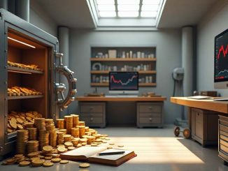 coffre-fort de salon ouvert rempli de pièces de bitcoin et d'ethereum illustrant l'article sur les transferts de cryptos massifs entre plateformes d'échanges et solutions personnelles.