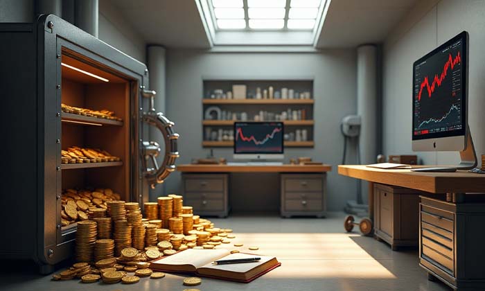 coffre-fort de salon ouvert rempli de pièces de bitcoin et d'ethereum illustrant l'article sur les transferts de cryptos massifs entre plateformes d'échanges et solutions personnelles.