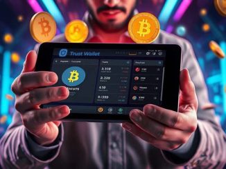 Tablette affichant le logo de Trust Wallet sur fond de blockchain et de symboles de cryptomonnaies.