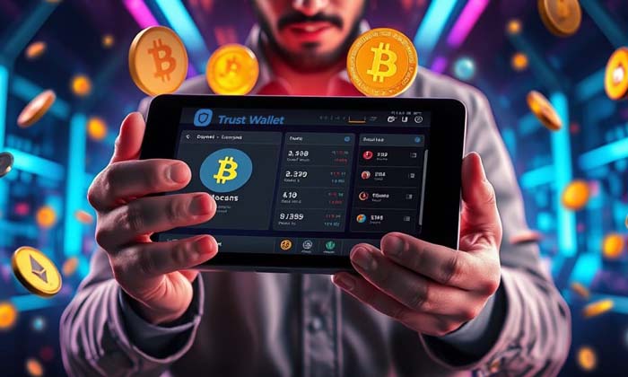 Tablette affichant le logo de Trust Wallet sur fond de blockchain et de symboles de cryptomonnaies. 
