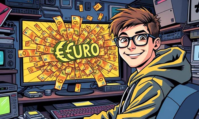 Image d'un geek devant son écran affichant des euros, illustrant les différents moyens des se créer des revenus passifs sur internet.