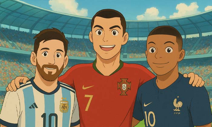 Lionel Messi, Cristiano Ronaldo et Kylian Mbappé façon Studio Ghibli.