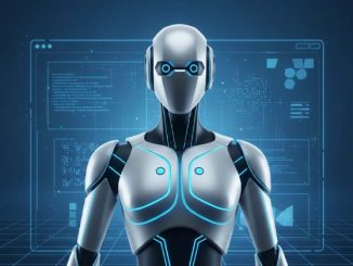 un robot IA sur fond d'ordinateur programmeur.