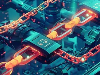  Illustration abstraite d’une blockchain, montrant des blocs interconnectés et des chaînes de données lumineuses sur fond sombre, symbolisant le stockage sécurisé et la transmission d’informations décentralisée.