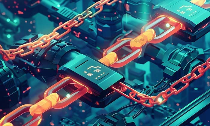  Illustration abstraite d’une blockchain, montrant des blocs interconnectés et des chaînes de données lumineuses sur fond sombre, symbolisant le stockage sécurisé et la transmission d’informations décentralisée.