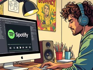 Musicne en studio utilisant un ordinateur pour gérer sa musique et analyser ses statistiques de streaming sur Spotify.