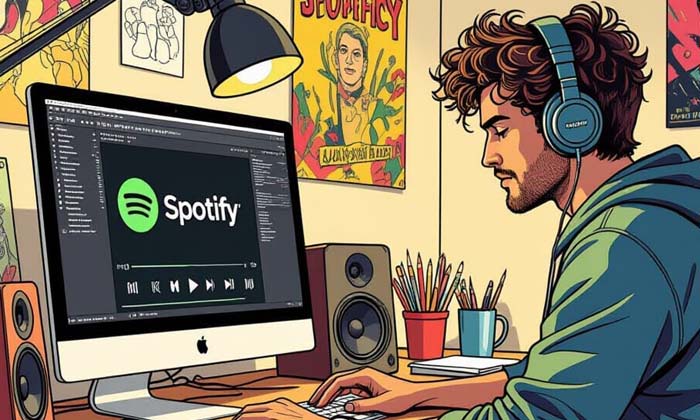 Musicne en studio utilisant un ordinateur pour gérer sa musique et analyser ses statistiques de streaming sur Spotify.