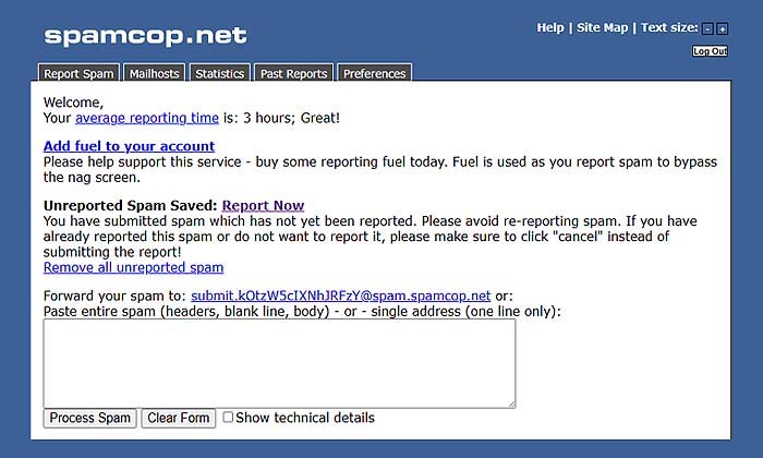 espace membre de l'application de lutte contre le spam Spamcop.