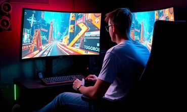 Un joueur qui joue sur son PC avec un grand écran.