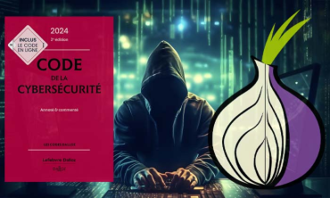 Un hacker sur son ordinateur avec le logo de Tor Browser et le code Dalloz de la cybersécurité