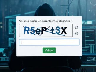 un captcha sur un écran avec en fond d'image la silhouette d'un hacker