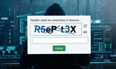un captcha sur un écran avec en fond d'image la silhouette d'un hacker